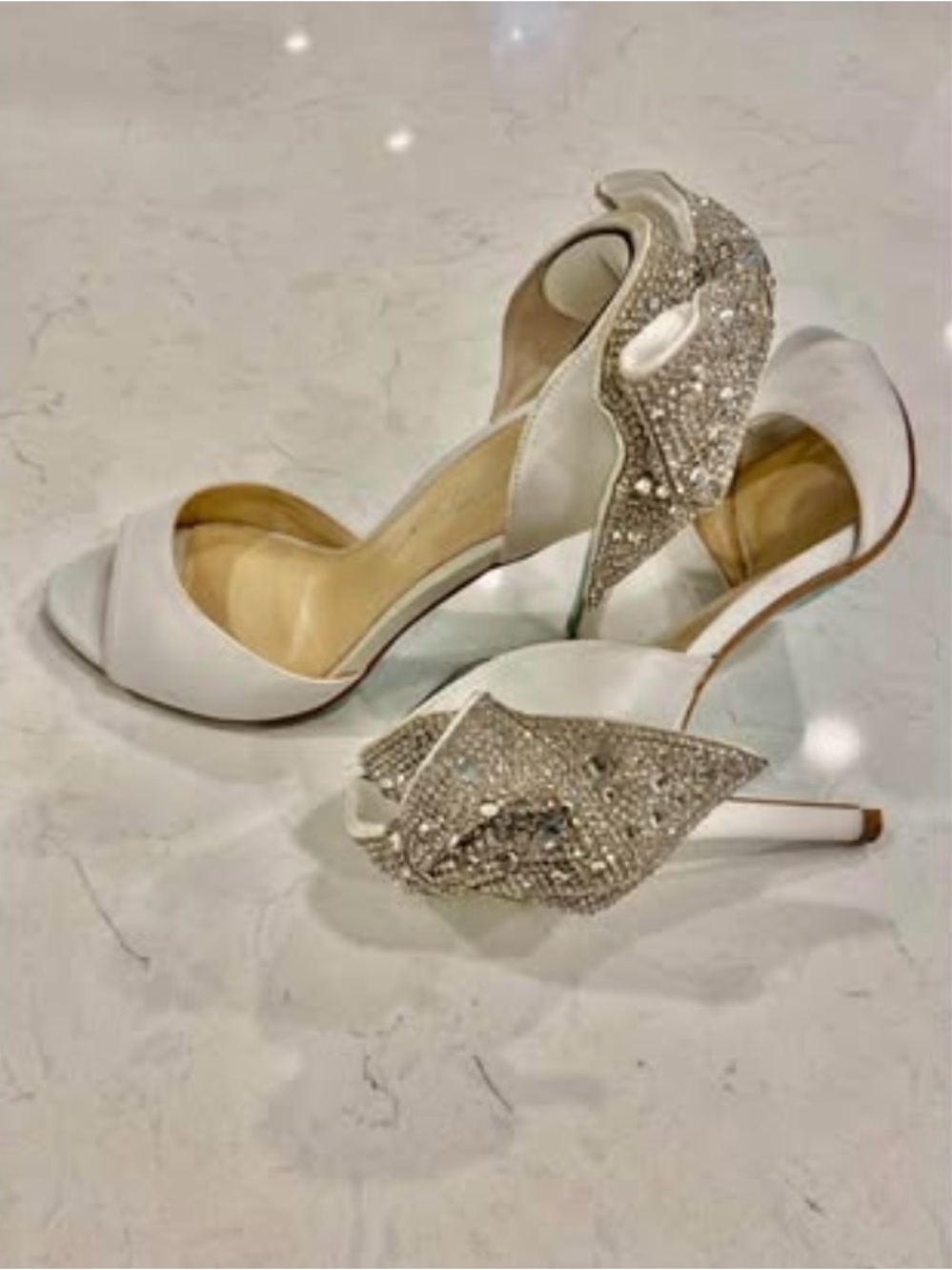 Betsey Johnson White Satin Open-Toe Heels with Crystal Embellished Heel